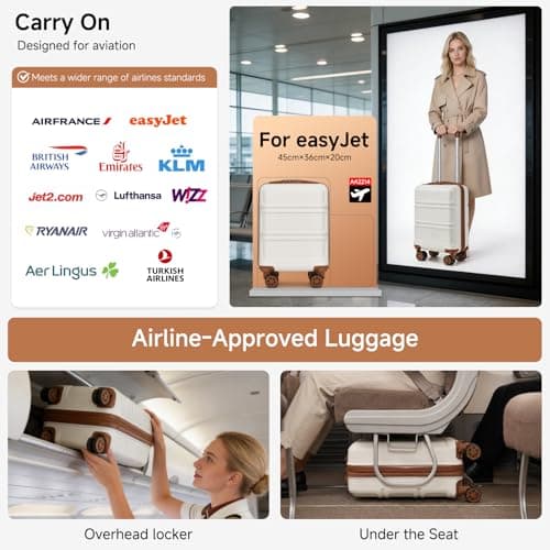 Kono Carry on Suitcase 45x36x20cm Easyjet Underseat Cabin Hand Luggage Hard Shell Lightweight Travel Trolley Case with 4 Spinner Wheels (Cream White) — view 3