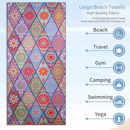 Vorvowry Microfibre Beach Towels for Adults Women Men Extra Large Lightweight Quick Dry Sand Free Travel Towel Double Sided Printing for Swim Sports with Mesh Bag 80×180cm Bohemia 1 Pack — view 5