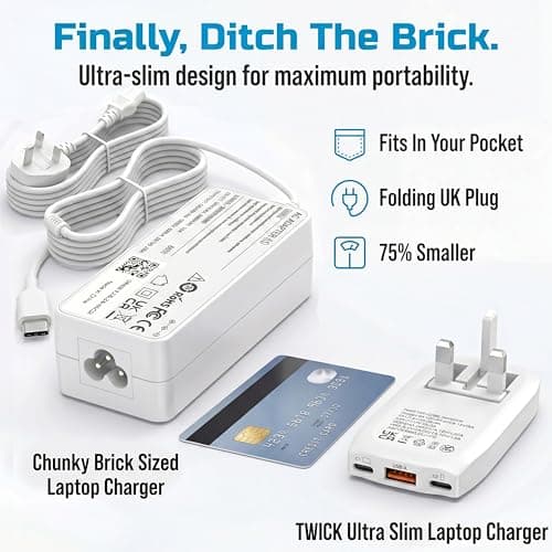 TWICK - Ultra-Slim 65W GaN Fast Charger 2x USB-C & USB-A Folding UK Plug PPS Quick Charge for MacBook, Laptops, iPhone, iPad, Samsung Galaxy, Pixel, Tablets, UK Travel Compact Size -WHITE — view 5