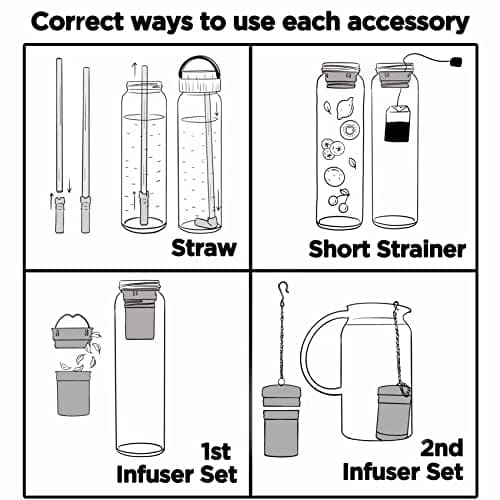 drinmoaer 1L Borosilicate Glass Water Bottle with Bamboo Lid and 2 Tea Infuser Sets for Fruit Infused Water and Cold Brew Coffee - Glass Travel Tumbler with Strainer for Loose Leaf Tea (Flower) — view 2