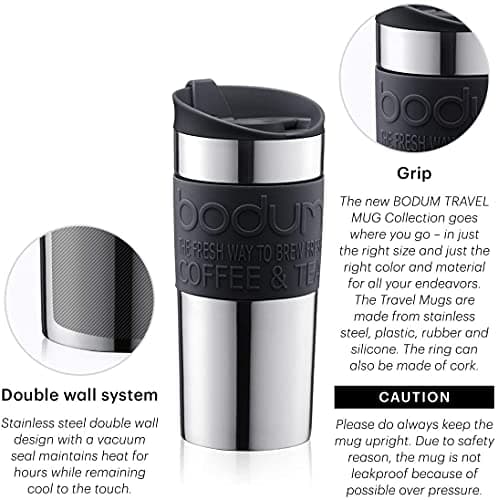 Bodum Travel Mug Vacuum Insulated Travel Cup, 350ml / 12oz Double-Wall Stainless-Steel Coffee Mug with Flip-Top Lid and Non-Slip Silicone Grip, Black, 11068-01 — view 4