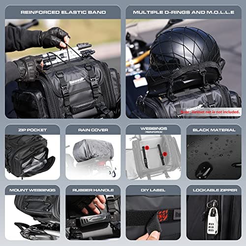 Rhinowalk Motorcycle Tail Bag Expandable 19-26L Motor Travel Luggage Motorbike Rear Rack Trunk Storage Bag with Waterproof Rain Cover Motorcycle Accessories,Black — view 4
