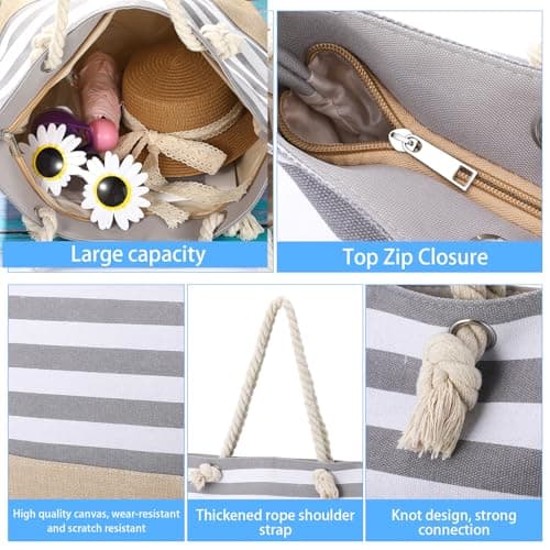 ViEinkaufen Waterproof Beach Bag, Grey Beach Bags for Women with Zipper — view 5