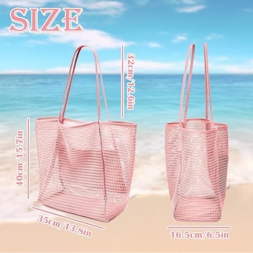 HUANYO Mesh Tote Bag, 23 Litre Beach Bag Extra Large Tote Bags for Women with Zip Pocket, Summer Shopping Bags Reusable for Picnic Holiday Travel Grocery (pink) — view 3