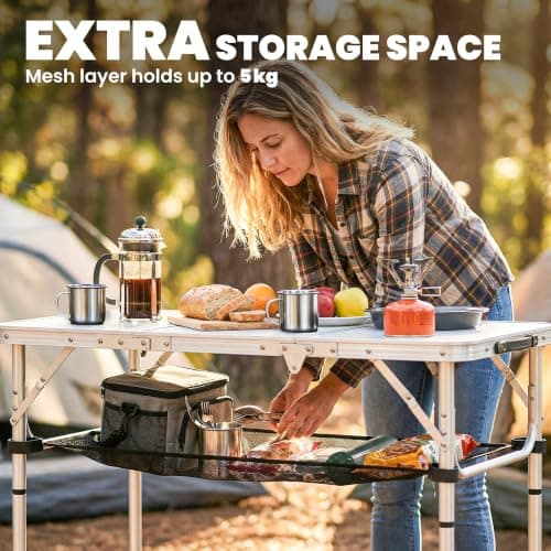 Outsunny 3ft Folding Camping Table with Mesh Storage Layer Cream White — view 5