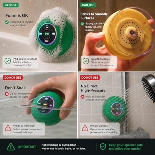 Bluetooth Shower Speaker with LED, Portable Wireless Mini Speaker (Green) — view 5