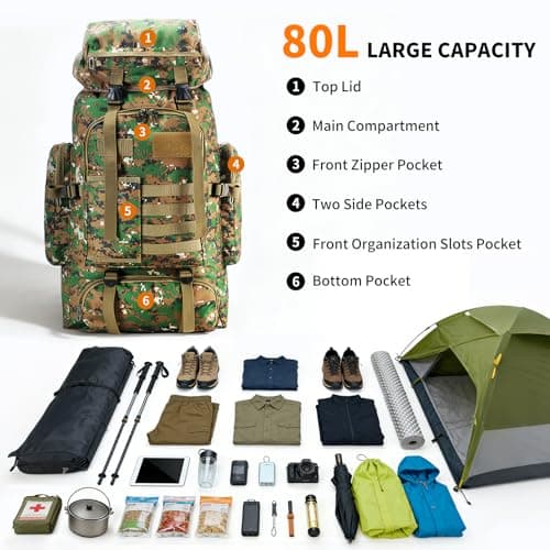 HUAXITRA Hiking Backpack Camping Military Tactical Backpack, 80L Waterproof Large Rucksack Travel Daypack for Men Women, Molle Rucksacks Climbing Backpack for Hunting Rucksack (Woodland Camo) — view 6
