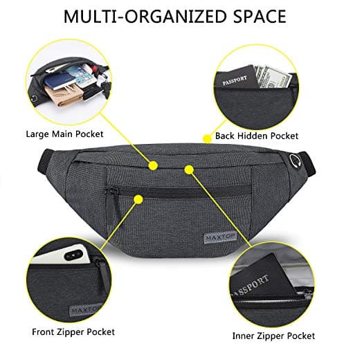 MAXTOP Large Bumbag Waist Fanny Pack Running Belt for Men Women Unisex Bum Bag with Headphone Jack and 4-Zipper Pockets Adjustable Belt for Travel Running Jogging Workout Hiking Gifts Dark Grey — view 3