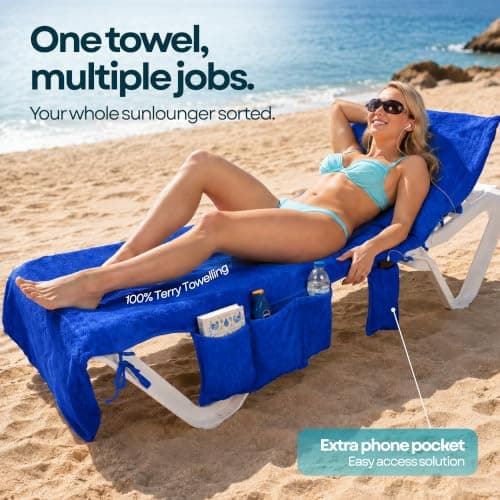 ITSA Terry Towelling Beach Towel with Pockets & Handles | 100% Cotton Foldable Sun Lounger Cover | Carry Bag | Secure Storage Beach Towel (Ocean Blue) — view 2