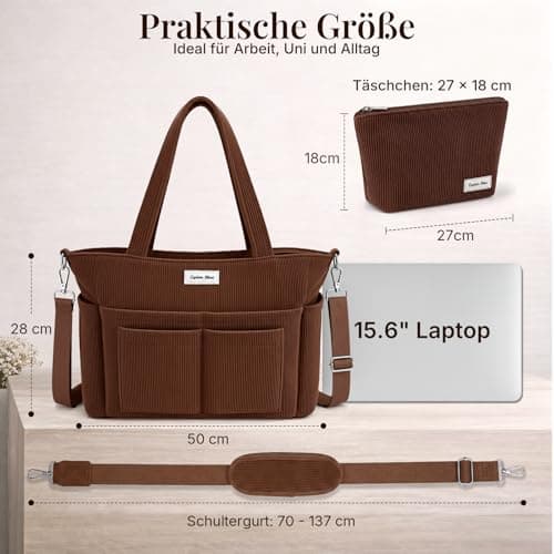Captain Blues Corduroy Tote Bag for Women with Zip, Large Capacity Work Bag with 14 Pockets & Compartments, Adjustable Shoulder Strap, Ideal for School, Travel, College & Teachers (Coffee Brown) — view 3