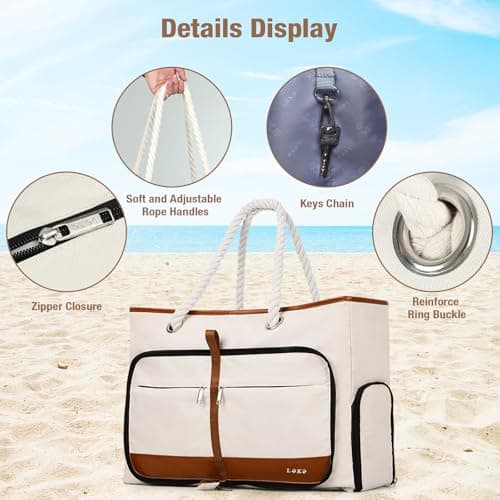 Lekespring Waterproof Beach Bag for Women - Tote Bags with Zip and Pocket, Fldable Travel Shoulder Bag with Shoe Compartment, Enhanced with Bottom Elastic Strap (Beige) — view 6