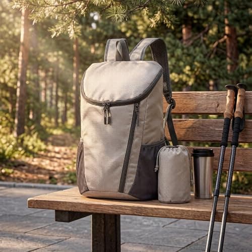 NWDEY Lightweight Foldable Backpack, Waterproof Small Rucksack with Flip Top Main Compartment, 160g Packable Casual Daypack for Men Women Kids, Perfect for Hiking Camping Travel Cycling (Light Grey) — view 5
