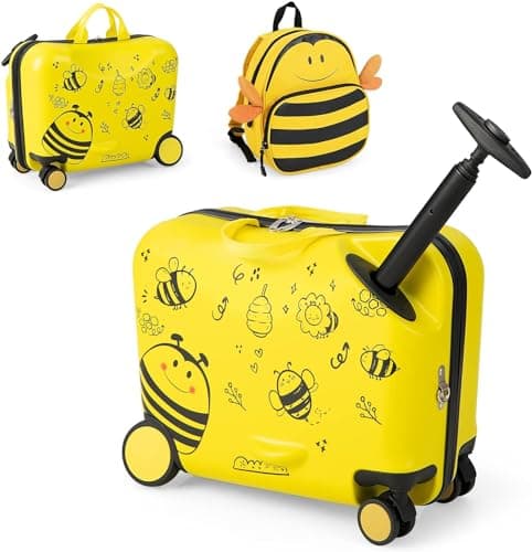 2PC Kids Luggage Set, 4 in 1 Toddler 17L Ride-on & Carry-on Hardshell Suitcase with Wheels, Anti-Lose Rope, 4L Backpack Set, Lightweight Travel Rolling Trolley for Boys Girls (Yellow Bee) — view 5