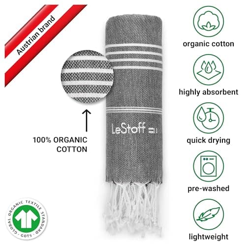 LeStoff Hammam Towel/Camping Towel, 100% Organic Cotton, 95x180, Anthracite — view 3