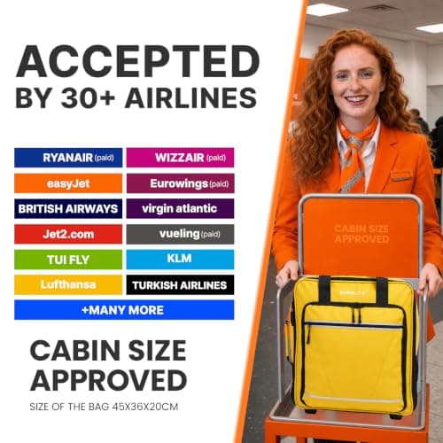 Bordlite EasyJet Underseat Cabin Bag 45x36x20cm – Wheeled Travel Holdall with Trolley Handle – Lightweight Tarp Soft Shell Carry On Luggage – Fits EasyJet Free Bag Allowance - Yellow — view 2