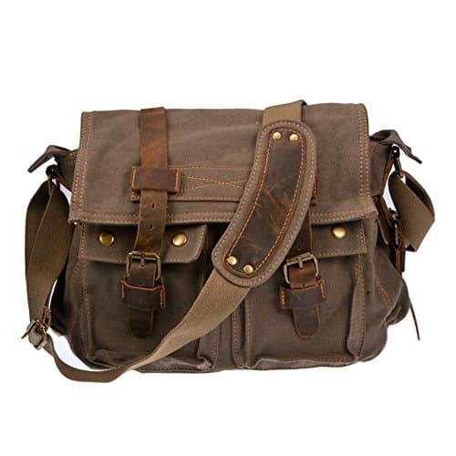BW Vintage Military Men Canvas Bag - 14.5 inch Mens Vintage Casual Canvas Messenger Bag Men's Military Leather Canvas Travel Briefcase Crossbody Satchel Shoulder School Bag for Notebook Laptop (Brown) — view 2