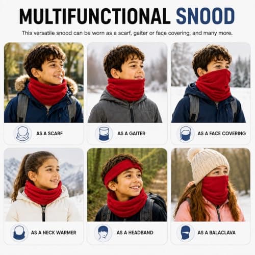 Octave® Winter Neck Warmer For Kids, Multifunctional Fleece Neck Gaiter Face Covering Mask Snood Scarf For Boy and Girls Cycling and Outdoor Sport (Red) — view 5