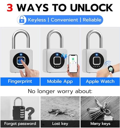 eLinkSmart Fingerprint Gym Locker Lock, Keyless Biometric Padlock, Weatherproof Electronic Digital Smart Combo Pad Lock for Outdoor Fence Gate Storage Fridge Helmet Ski Pool Shed (Silver, with Cable) — view 2