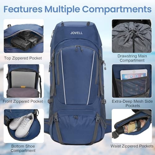 JOVELL Hiking Backpack for Men Women, Large Capacity Durable Trekking Backpack with Rain Cover, Waterproof Lightweight Camping Backpack for Backpacking Travel Mountaineering (Deep Blue) — view 3