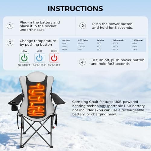 OUTSIDER Heated Camping Chair High Back Heavy Duty 3-Step Adjustment Outdoor Folding Chair with Luxury Padded Seat, Cup Holder, Carry Bag for Camping Fishing Patio（Battery NOT included 1pc — view 4