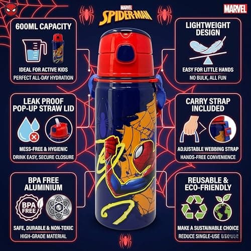 600ml Marvel Spiderman Kids Water Bottle with Straw – Aluminium Leak Proof Drinking Bottle for Boys, BPA Free Metal Sports Water Bottle for School, Travel & Back to School — view 3