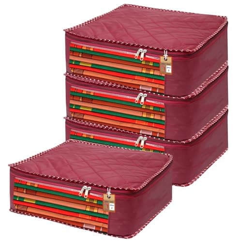 atorakushon Fabric Foldable Saree Covers Garments Clothes Storage Bag Wardrobe Organizers With Double Zip Lock For Lehenga Suit Dress Accessories 4 Pieces Maroon