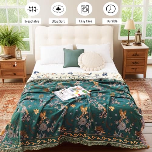 VANJOROY 100% Organic Cotton Fall Boho Throw Blanket for Sofa and Bed,Green — view 5