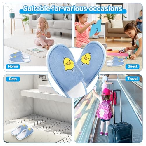 NUHUi 6 Pairs Kids Disposable Spa Slippers Age 4-8 Indoor House Hotel Kids Guest Spa Smiling Yellow Chicken Face Blue 4.5-5 Years Big Kid, blue, 4.5-5 Years — view 4
