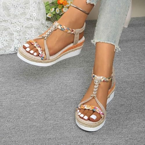 Generisch Women Comfortable Slip On Sandals Casual Beach Hiking Shoes Breathable Open Toe Wedge Heel Casual Spring Summer Autumn, gold, 4 UK — view 2