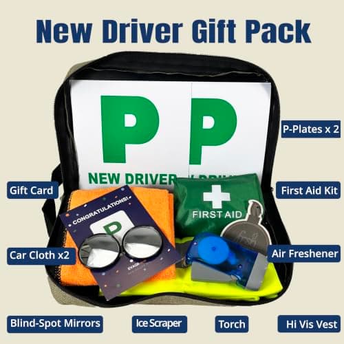 EVAQ8 New Driver Kit | Passed Driving Test Gifts - Magnetic P Plates, First Aid Kit, Hi-Vis Vest, Wind-Up Torch, Ice Scraper, Blind Spot Mirrors & Congratulations Card in Deluxe Gift Bag — view 3