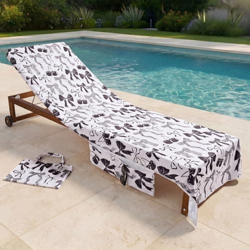 OHS Bow Print Sun Lounger Towels with Pockets, Soft Quick-Dry Absorbent Beach Towels for Adults Sunbed Towel Microfibre Large Beach Towel in a Bag Summer Holiday Essentials, 75 x 215cm - Monochrome