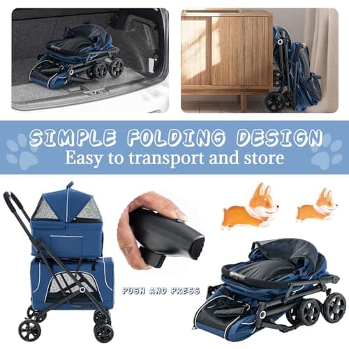 Maxmass 3 in 1 Pet Stroller, Folding Dogs Travel Carrier with Wheels, Safety Belt, Side Pockets, Breathable Mesh & Removable Pad, Pet Travel Cart for Dogs Cats (Blue) — view 4