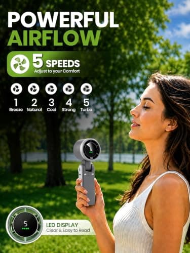 EcoNour Portable Handheld Fan - 5 Gear High Speed Rechargeable Fan - Black — view 2