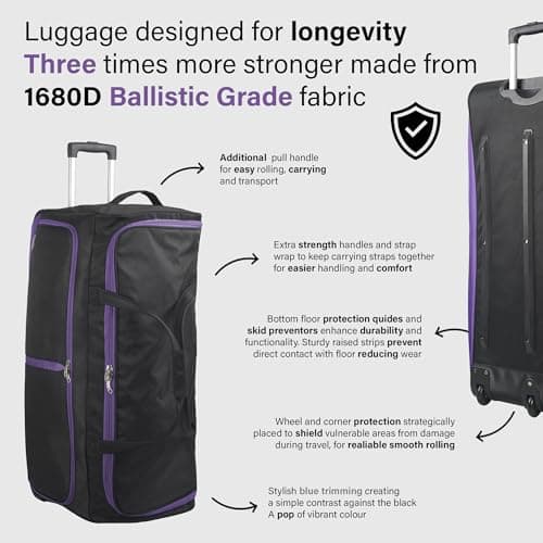 Aerostar 32" Large Lightweight Duffle 2 Wheel Travel Bag Holdall Suitcase Check-in Luggage All Terrain (122L, Purple on Black) — view 5
