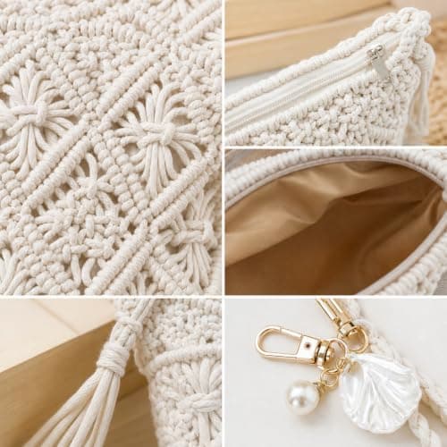 Voskilon Straw Bags for Women, White Cotton Woven Crochet Bag with Metal Shell Keychain, Small Boho Crossbody Handbag for Summer Beach Holiday, Travel, Shopping, Music Festivals, Dates and Daily Use — view 5