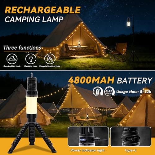 Camping Light with Mosquito Repellent, 4800mAh Rechargeable Battery Camping Tent Lamp with Stand, Waterproof Portable Outdoor Lantern for Camping, Hiking, Garden Parties — view 3