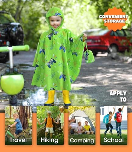 WAWSAM Kids Poncho Waterproof - Green game Rain Poncho for Boys - Lightweight Hooded Raincoat with Storage Bag - Portable Rainwear for School & Travel — view 4