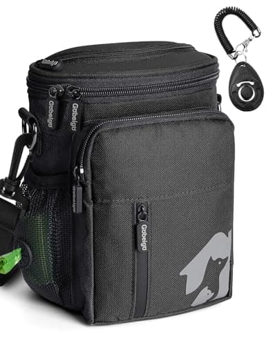 Gobeigo 8 Cup Dog Treat Pouch and Training Clicker, Dog Walking Bag with Phone Holder, Built-in Poop Bag Dispenser, 3 Ways Wearable Pet Fanny Pack for Outdoor Travel(Gray & Black) (Black)
