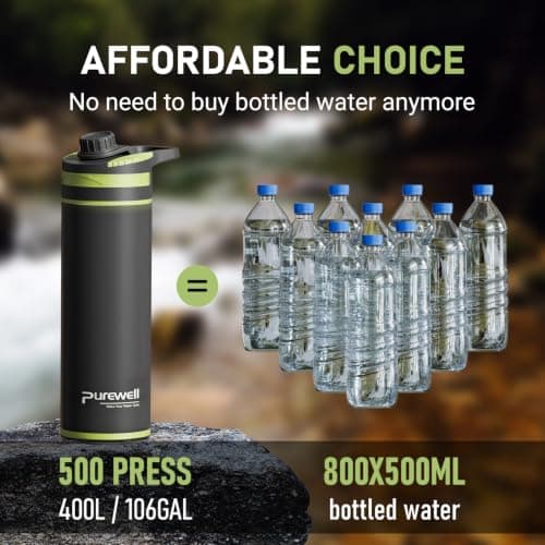 Purewell Press Filter Water Bottle – 0.01μm Ultrafiltration + Carbon Fiber + PP Cotton, 10000L Capacity, 500ml Per Press, Portable Water Purifier Bottle for Camping, Hiking, Travel & Emergency — view 5