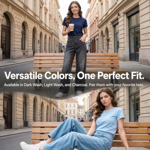 Thermal Leggings Women,Jeans for Women UK Wide Leg Trousers Womens Denim Pants Ladies Pull On Stretchy Elasticated Waist Jeans Baggy Trousers Travel Pants Work Trouser Fashion Clothing for Daily Wear — view 6