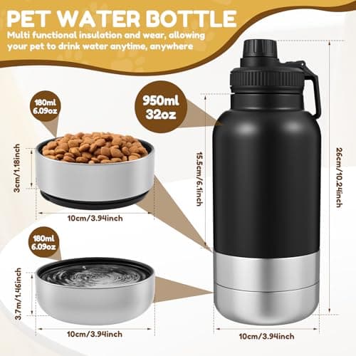 Alongen 3-in-1 Insulated Dog Water Bottle, 32oz Stainless Steel Travel Pet Flask with 2 Detachable Food Containers, Leakproof Multifunctional Dog Drinking Cup for Walking, Hiking, Outdoor — view 2