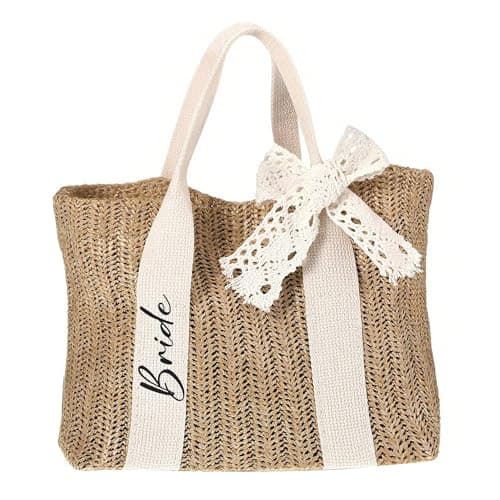 Ameble Lightweight Waterproof Boho Woven Bride Beach Bag with Lace Bow, White Crochet Tote Purse for Vacation, Honeymoon, Summer Travel, Bridal Shower Accessory