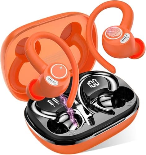 Sports Wireless Earbuds with EarHooks HiFi Stereo Sound, Vibrant Orange