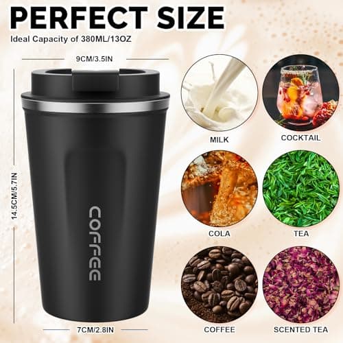 MOMSIV Black Coffee Cup, Vacuum Reusable Leakproof Double Wall Coffee Cup, Insulation Stainless Steel Eco-Friendly Travel Office Mug for Hot Coffee Tea and Cold Drinks, 13oz/380ml — view 2