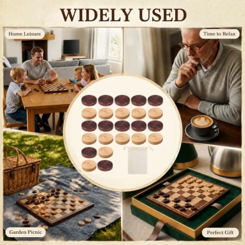 24 Pcs Wooden Draughts Set with Drawstring Bag, Classic Checkers & Backgammon Replacement Pieces, Stackable Natural Wood Tokens for Kids, Adults, Travel, Camping, Family Board Game Fun — view 6