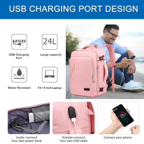 WENIG 40x30x20 Ryanair EasyJet Eurowings Wizz Air Cabin Bag Underseat 24L Travel Bag for Women Hand Luggage Backpack Carry-ons Cabin Size for Airplanes Flight Travel Ruscksack Fit 14 Inch Laptop,Pink — view 3