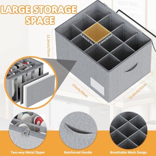 WANGIRL Fabric Shoe Storage Box, Fits 12 Pairs, Foldable Shoe Organiser for Wardrobe with Clear Lids, Bottom Support and Reinforced Handles, 1 Pack Grey — view 2