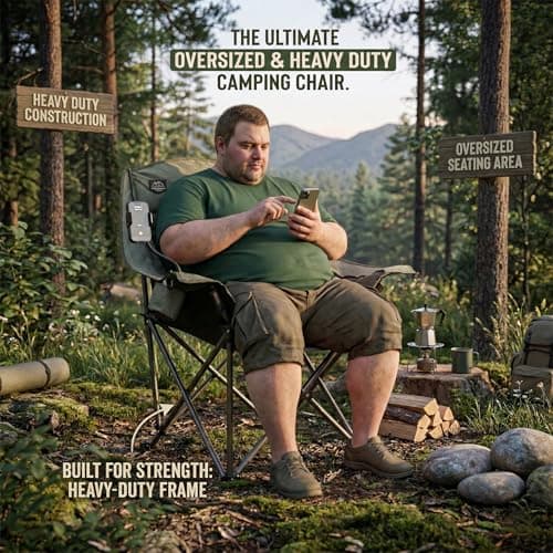 LANMOUNTAIN Oversized XL Folding Camping Chair, Heavy-Duty Support 400Lbs, Comfortable Adult Chair with Cup Holder, Phone Holder, Carry Bag, Perfect for Outdoor Activities (Brown) — view 4