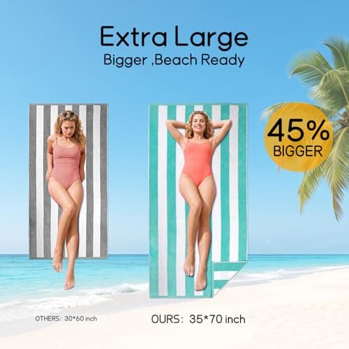 Ouxiaobai Cotton Oversized Beach Towel - 35 x 70 Inch Large Size Pool Towel, Striped Soft Cabana Swim Towel (Turquoise) — view 3