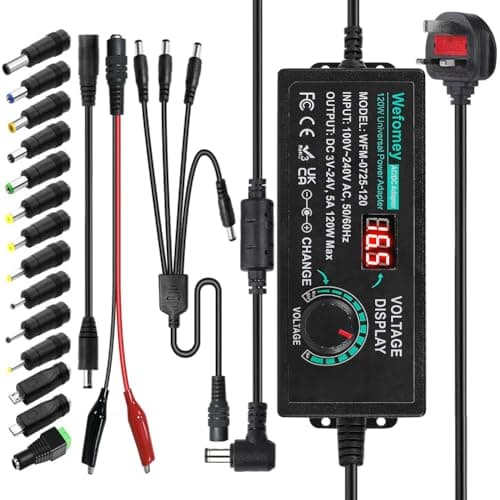 Universal Power Supply 3V~24V 5A 120W Adjustable Variable 3V 5V 9V 12V 18V 20V 24V AC/DC Adapter Charger, 100V-240V AC to DC Converter with 14 Tips, Polarity Converter and 4-Way Power Splitter Cable